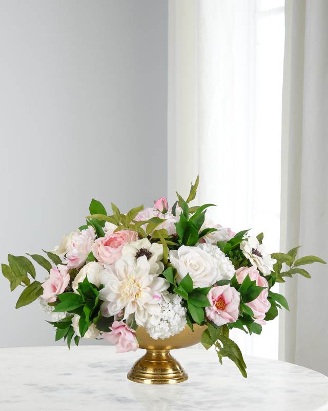 Roses & Anemones 24" Faux Floral Arrangement in Footed Brass Bowl